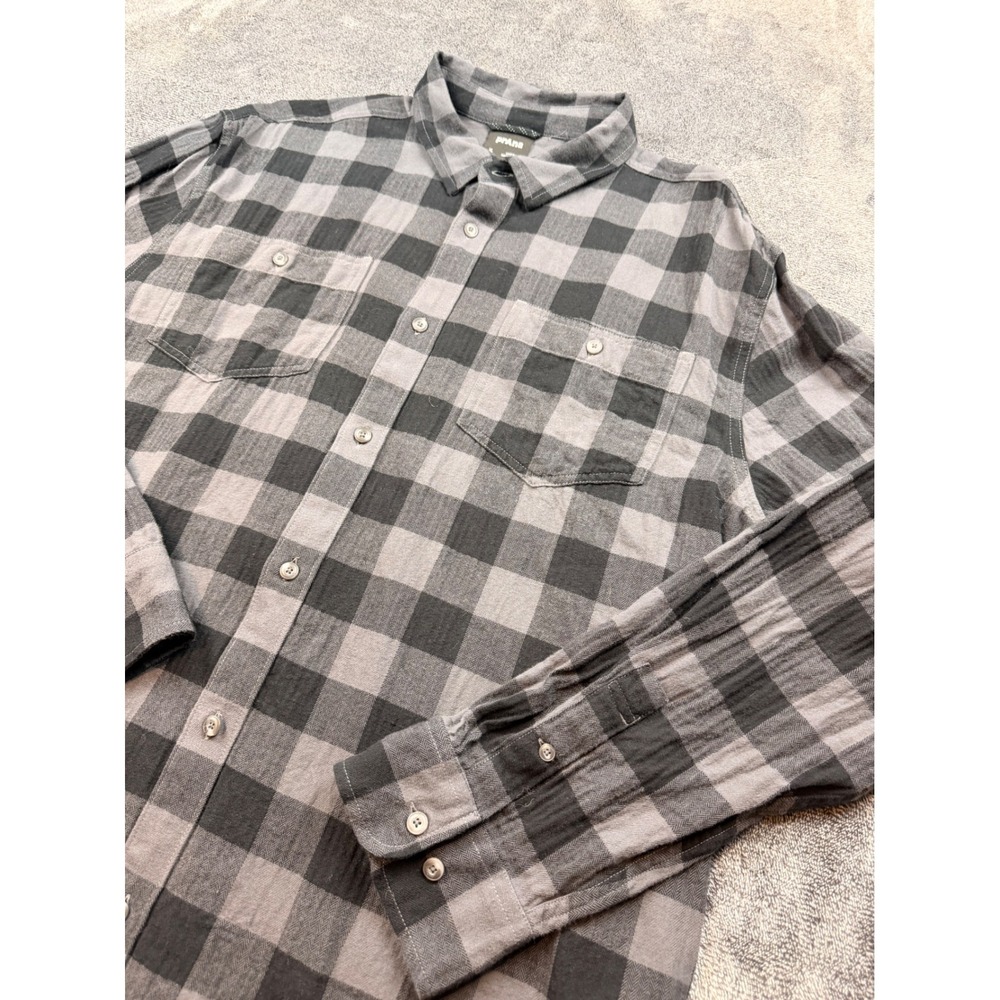 Prana Mens XL Grey Black Buffalo Plaid Organic Cotton Flannel Shirt‎ Herringbone
